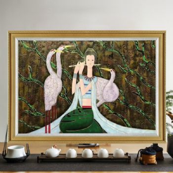 厚度肌理油画写意原创手绘民族风情人物油画三只白鹳与吹笛子的少女