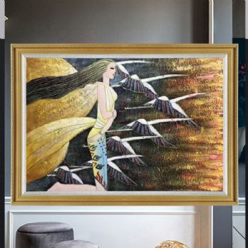 金色厚度肌理油画少女与大雁写意原创手绘民族风情手绘人物油画