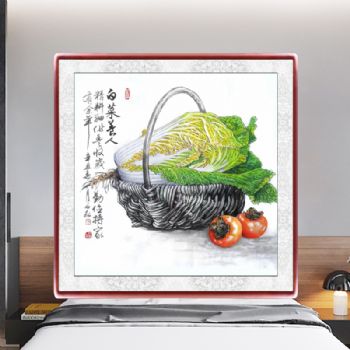 写实国画水墨静物画白菜与柿子图精耕细作丰收岁勤俭持家有余年