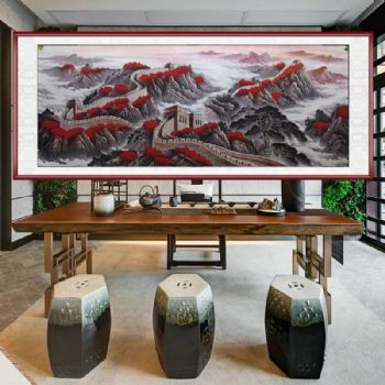 水墨国画大丈二长城国画红鸿当头长城气势雄伟适合办公室会议室装饰国画支持个性提词