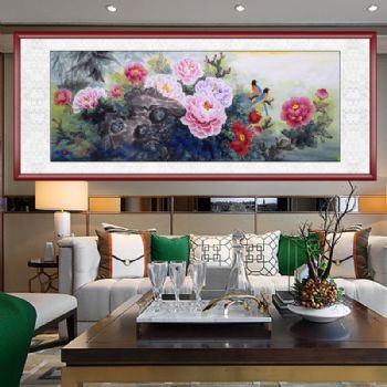 纯手绘写意牡丹喜鹊图高品质花鸟国画富贵吉祥水墨国画实木画框