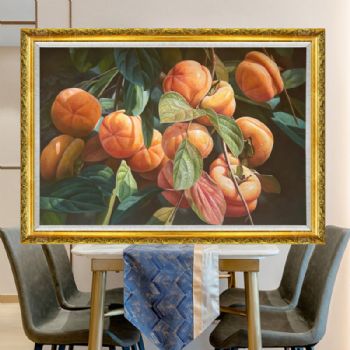 纯手绘油画静物写实油画柿子图寓意事事如意新中式挂画