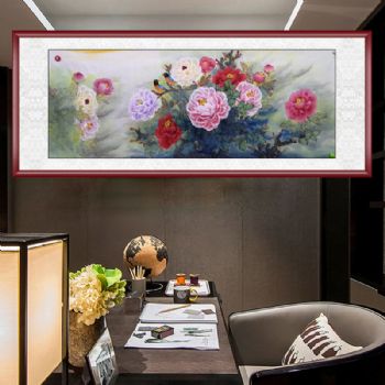 纯手绘花鸟国画水晶牡丹喜鹊图富贵吉祥送长辈祝寿庆生首选国画实木画框