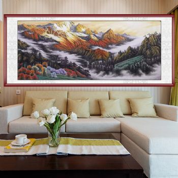 国画山水画精品雪山小八尺国画纯手绘国画风景国画雪山下的人家春意盎然支持个性提词