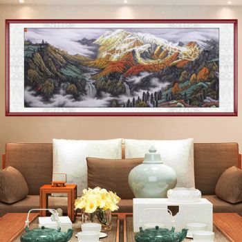 风景国画工笔国画山水画精品雪山小八尺国画纯手绘国画雪山下春意盎然支持个性提词