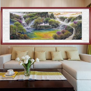 纯手绘中式水墨画山水画青绿格调山水画小六尺山水画聚宝盆国画支持个性提词