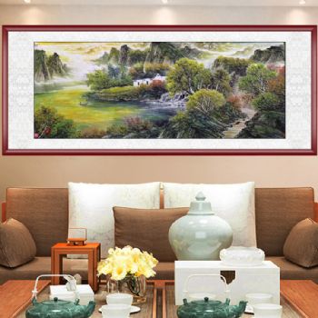 纯手绘中式山水画风水山水画青绿格调山水画小六尺聚宝盆国画支持个性提词