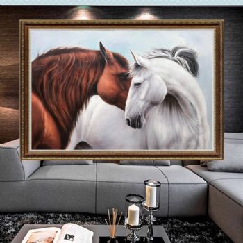 寓意恩爱双马头精品写实油画动物油画实力画师超写实油画