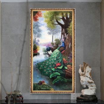 高品质纯手绘油画吉祥如意孔雀图别墅酒店玄关过道楼梯竖幅油画