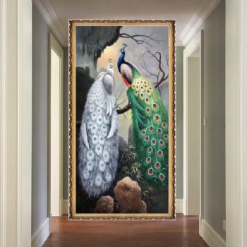 白孔雀吉祥孔雀新中式手绘油画适合别墅酒店过道楼梯竖幅油画