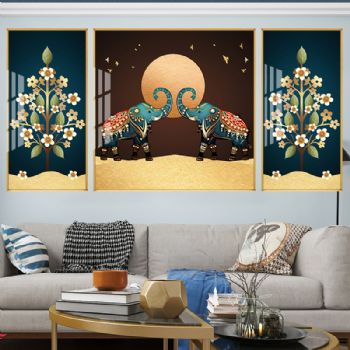 吉祥如意新中式现代大象图如意树抽象客厅装饰画三联画横幅晶瓷画