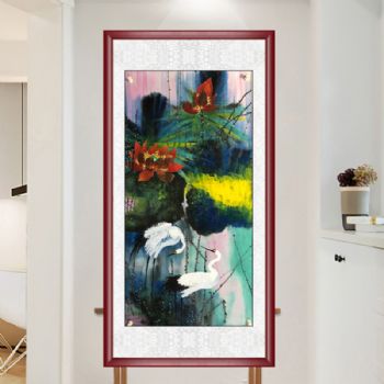 新中式花鸟国画仿黄永玉荷花图高品质手绘水墨花鸟画实木画框