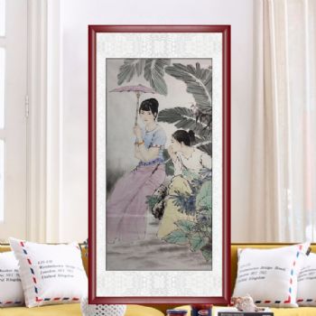 高品质纯手绘水墨国画芭蕉树下美女人物图写意工笔国画人物国画