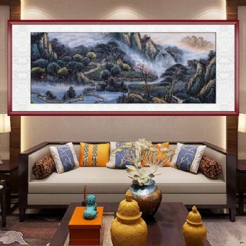 水墨山水画有人家有田地高品质小六尺手绘山水画中国国画实木画框接受个性提词