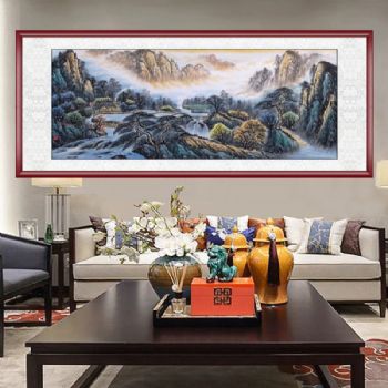 聚宝盆式水墨山水画有人家有田地高品质小六尺手绘山水画接受个性提词