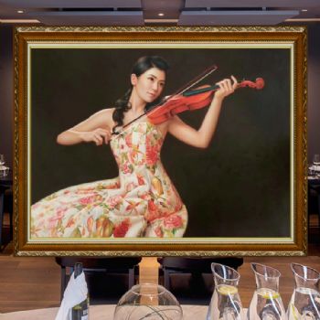 手绘人物油画新中式人物油画写实拉小提琴的美女油画人物艺术油画