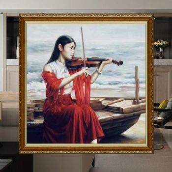 人物写实油画拉小提琴的美女油画人物艺术油画手绘人物油画新中式