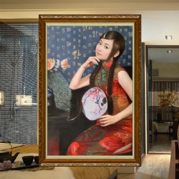 麻花辩美女中式古典手绘人物油画古装人物美女油画怀春少女艺术写实油画