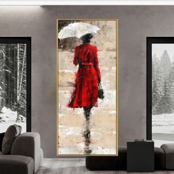 纯手绘油画抽象人物油画雨中那个红衣女人客厅装饰画厚油玄关竖版挂画