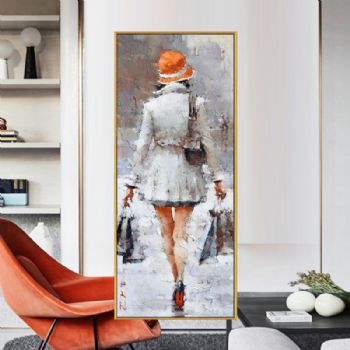 纯手绘油画抽象人物油画双手拎购物袋的女孩客厅装饰画厚油玄关竖版挂画