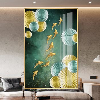 现代玄关装饰画简约大气餐厅卧室大壁画新中式九鱼图晶瓷画