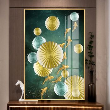 新中式九鱼图现代简约玄关装饰画走廊过道轻奢晶瓷墙