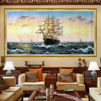 纯手绘油画客厅帆船横版挂画沙发背景墙装饰画办公室壁画手工定制
