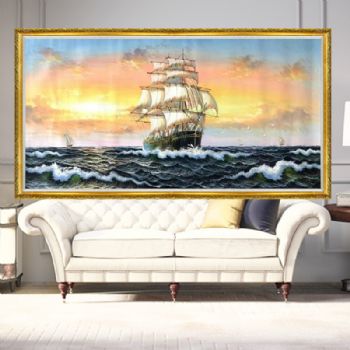 纯手绘油画一帆风顺客厅帆船横版挂画沙发背景墙装饰画