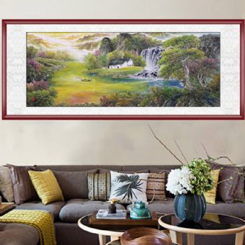 纯手绘实木画框聚宝盆国画中式水墨画山水画小六尺山水画支持个性提词