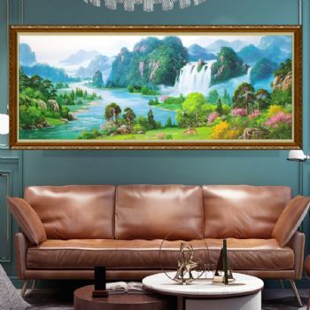 新中式油画精品手绘山水画鹿鹿吉祥青山绿水写实山水画油画风景画