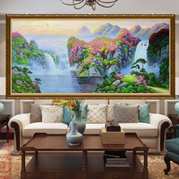 新中式青山绿水写实山水画精品手绘油画风景油画鹤舞升平风景画