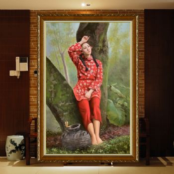 纯手绘写实油画林中的渔家女孩原创人物油画酒店适合挂的美女人物油画