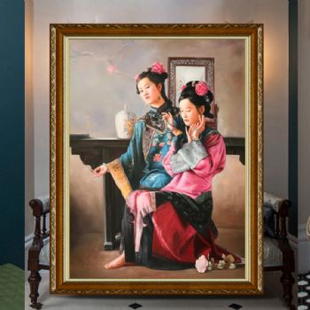 人物写实油画清朝人物美女图纯手绘高品质油画适合茶楼的美女挂画
