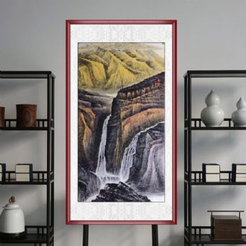 飞流直下三千尺精品六尺山水画三峡风貌纯手绘竖幅山水国画水墨山水画实木画框