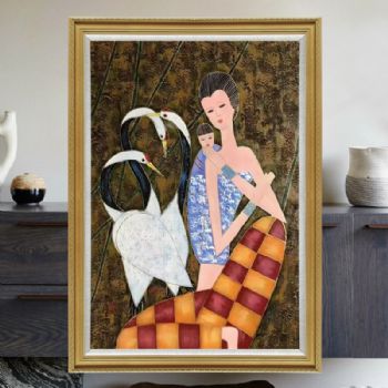 仙鹤与母子厚度肌理油画写意原创手绘民族风情纯手绘人物油画