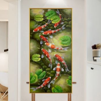 新中式纯手绘手工九鱼图荷花寓意和谐美满 团团圆圆年年有余客厅装饰油画