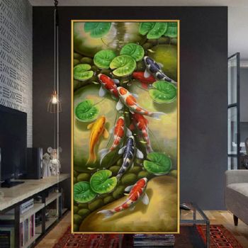 纯手绘手工新中式九鱼图荷花寓意和谐美满年年有余精品油画