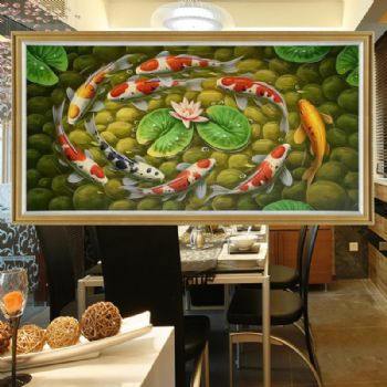 吉祥喜庆风水油画新中式纯手绘九鱼图时来运转适合办公室油画