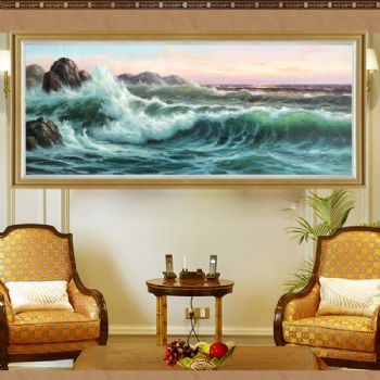 高品质纯手绘油画海浪图实木画框适合酒店大厅餐厅挂画