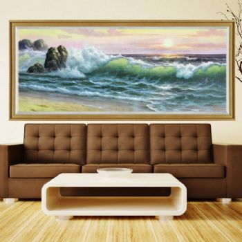 中式油画纯手绘油画海浪图实木画框适合酒店大厅餐厅挂画