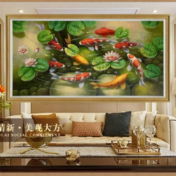 风水油画新中式纯手绘九鱼图年年有余锦鲤图客厅餐厅精品油画