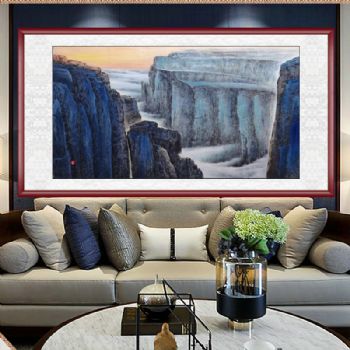 雄壮峡谷风景国画云山雾海风景画纯手绘水墨国画适合酒店大厅挂画