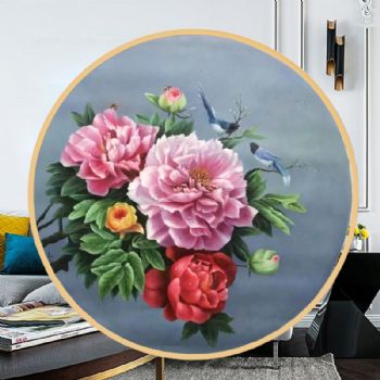 新中式牡丹油画蝶恋花纯手绘油画实木圆形外框客厅花卉油画挂画