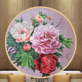 富贵牡丹油画蝶恋花纯手绘油画实木圆形外框客厅卧室品质油画