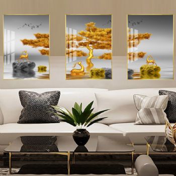 黄金发财树金玉满堂装饰画高档轻奢晶瓷画中式客厅挂画