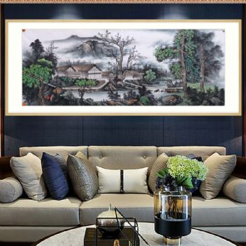 精品小六尺手绘国画工笔山水画写实风景画笔触细腻原木画框