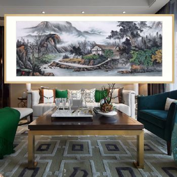 聚宝盆山水画精品小六尺手绘国画工笔写实风景画笔触细腻原木画框