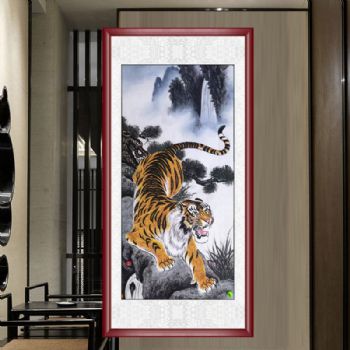 新中式手绘国画下山虎高品质工笔国画适合玄关的动物国画