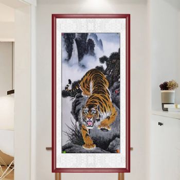 猛虎虎威手绘国画下山虎高品质工笔国画适合玄关的动物国画