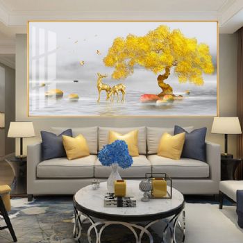 黄金树一路向前新中式装饰画时来运转高品质晶瓷画样板房客厅装饰画